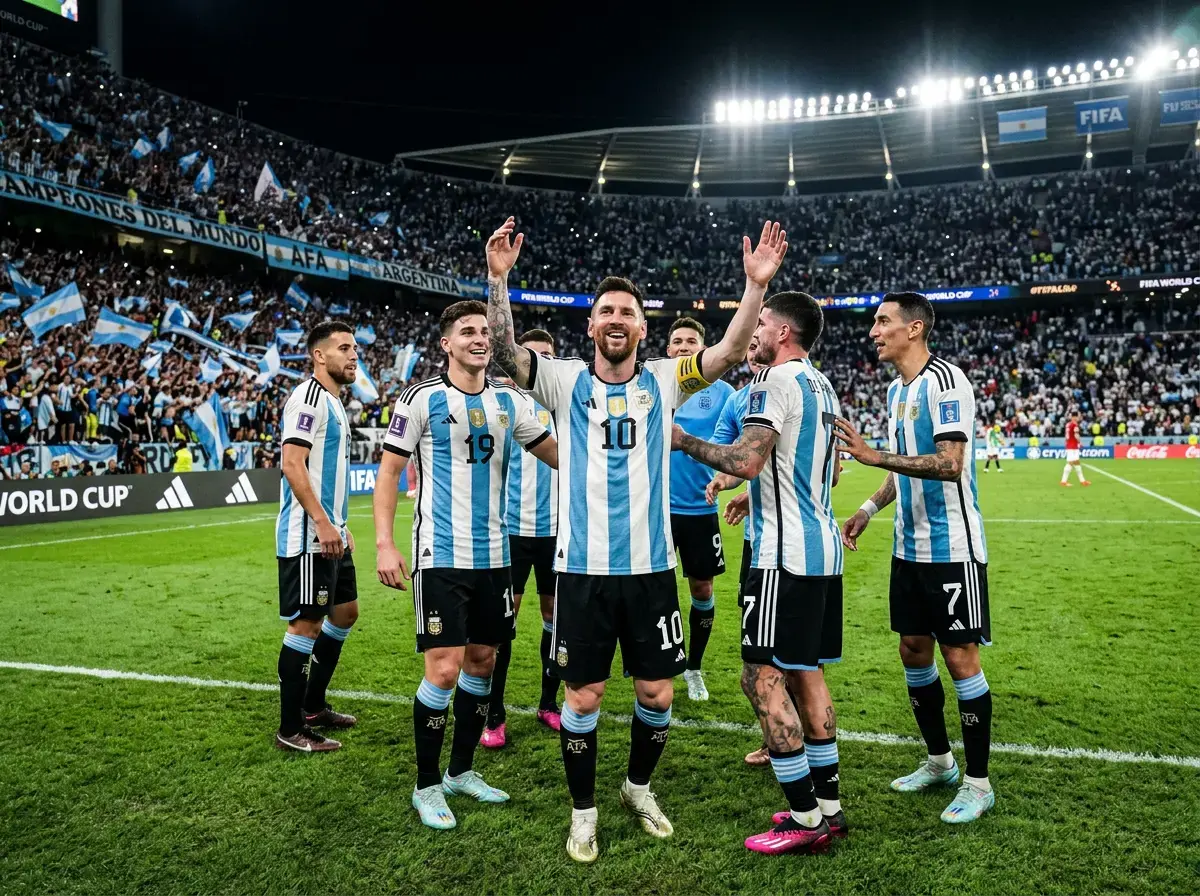Argentina national team celebrating their World Cup 2026 campaign as defending champions