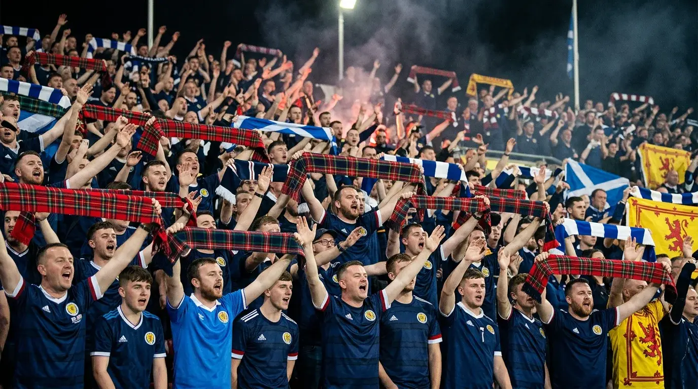 Sea of Scottish supporters in tartan colours creating a wall of blue in the stands during a night match