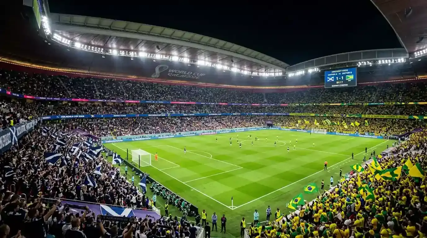 Scotland and Brazil colours represented under dramatic stadium floodlights ahead of a World Cup 2026 night match