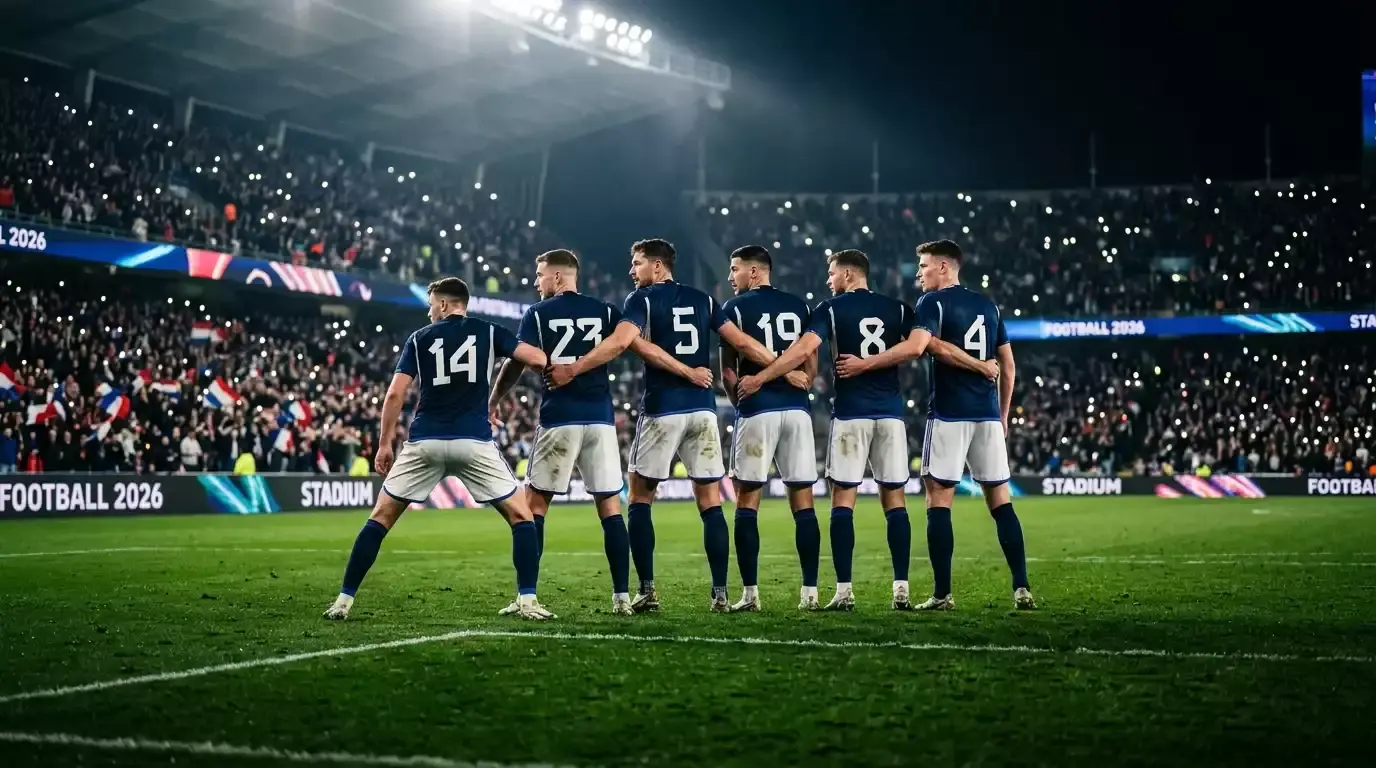 A defensive wall of players bracing for a free kick on a floodlit World Cup pitch