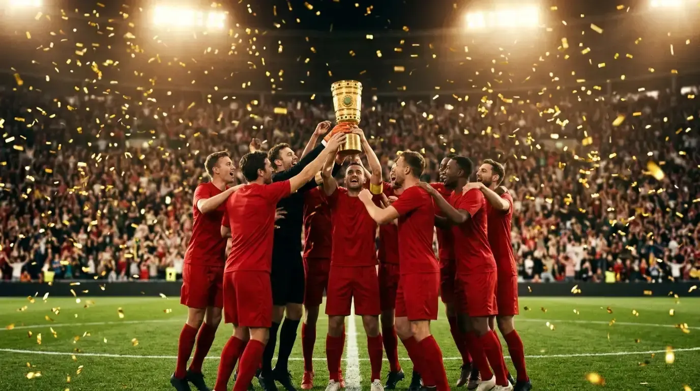 A team in red kits lifting a golden trophy amid falling confetti under stadium floodlights, jubilant players celebrating together on the pitch
