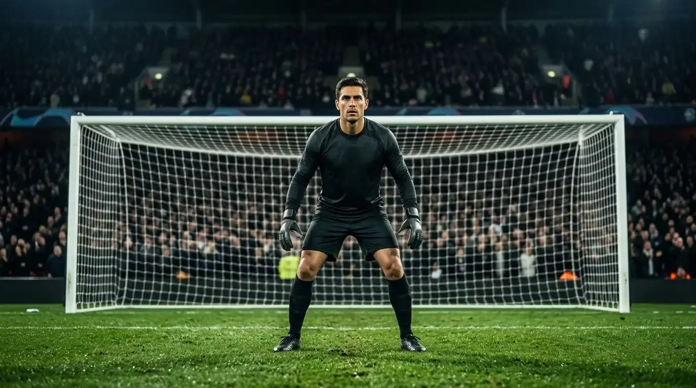 A lone goalkeeper in a dark jersey standing focused in front of an empty net on a floodlit pitch at night, arms ready, crowd blurred behind