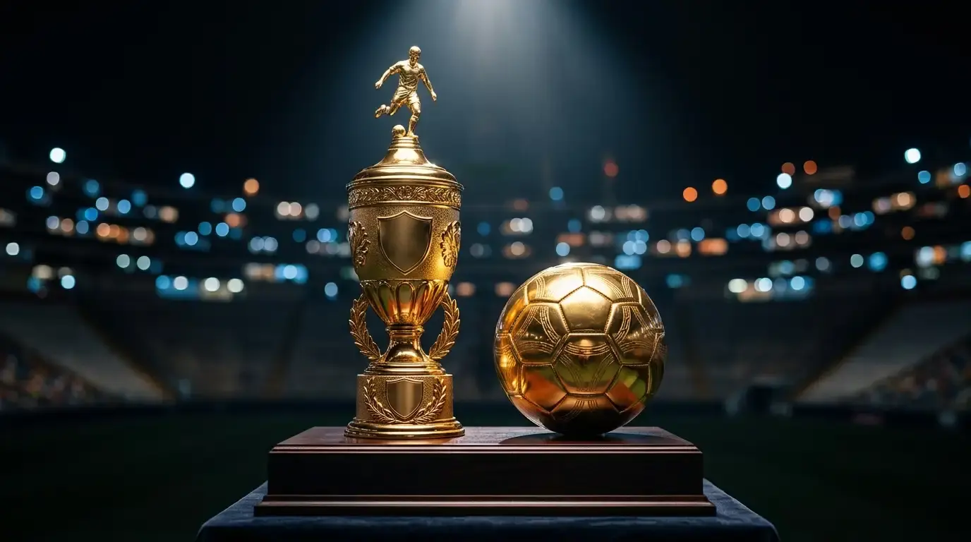A gleaming golden football trophy and a matching golden ball on a plinth under a spotlight, dark stadium background with soft bokeh lights