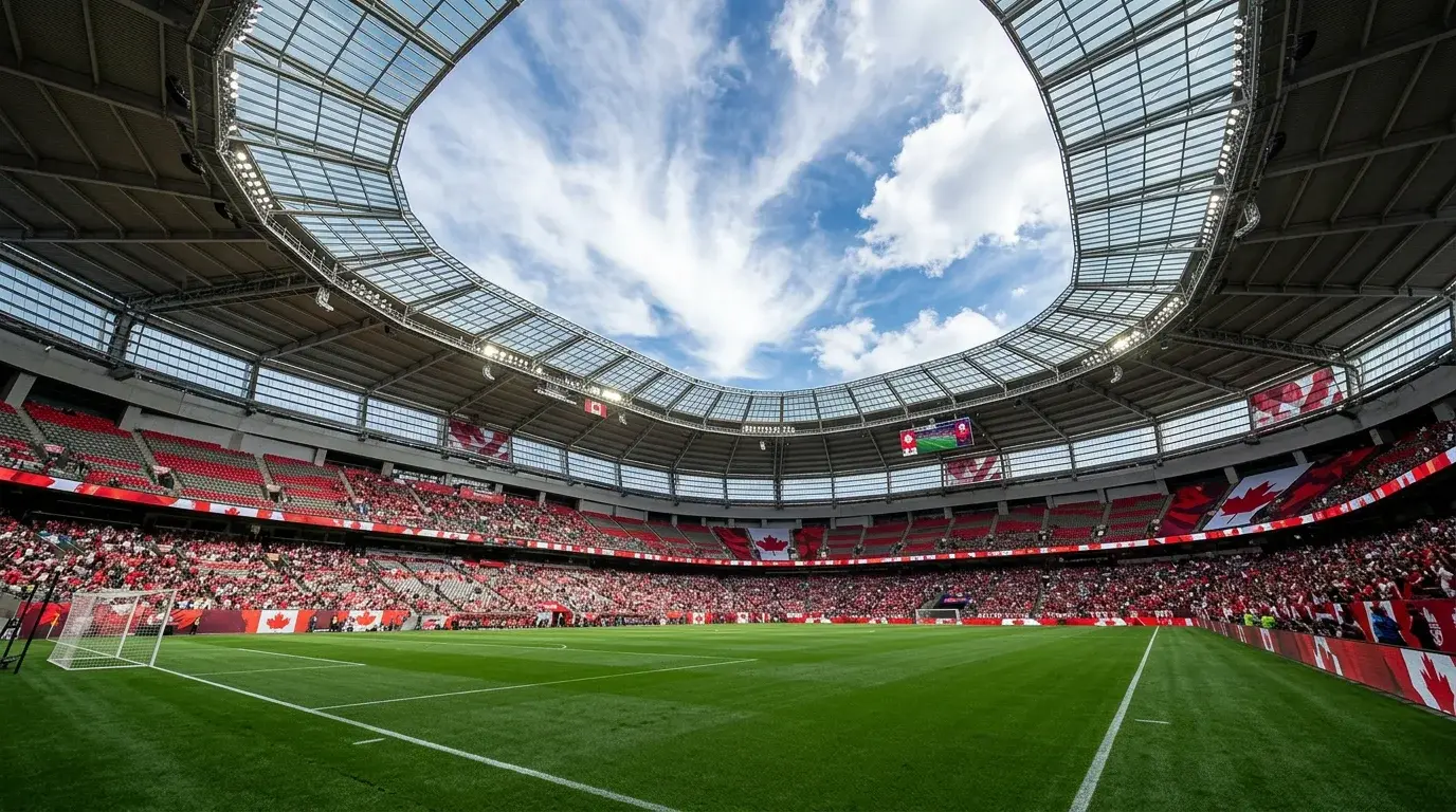 World Cup 2026 Group B featuring Canada national team colours on North American football stadium pitch