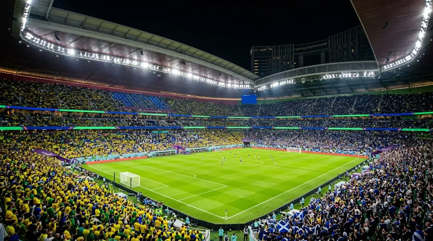 World Cup 2026 Group C match featuring football pitch with Brazil and Scotland national team colours