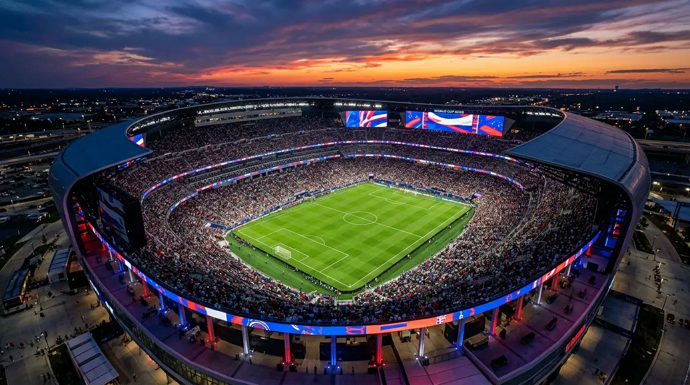 World Cup 2026 Group D featuring USA national team colours on American football stadium pitch