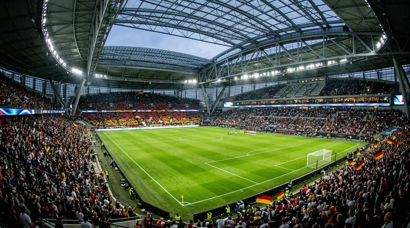 World Cup 2026 Group E featuring Germany national team colours on football stadium pitch