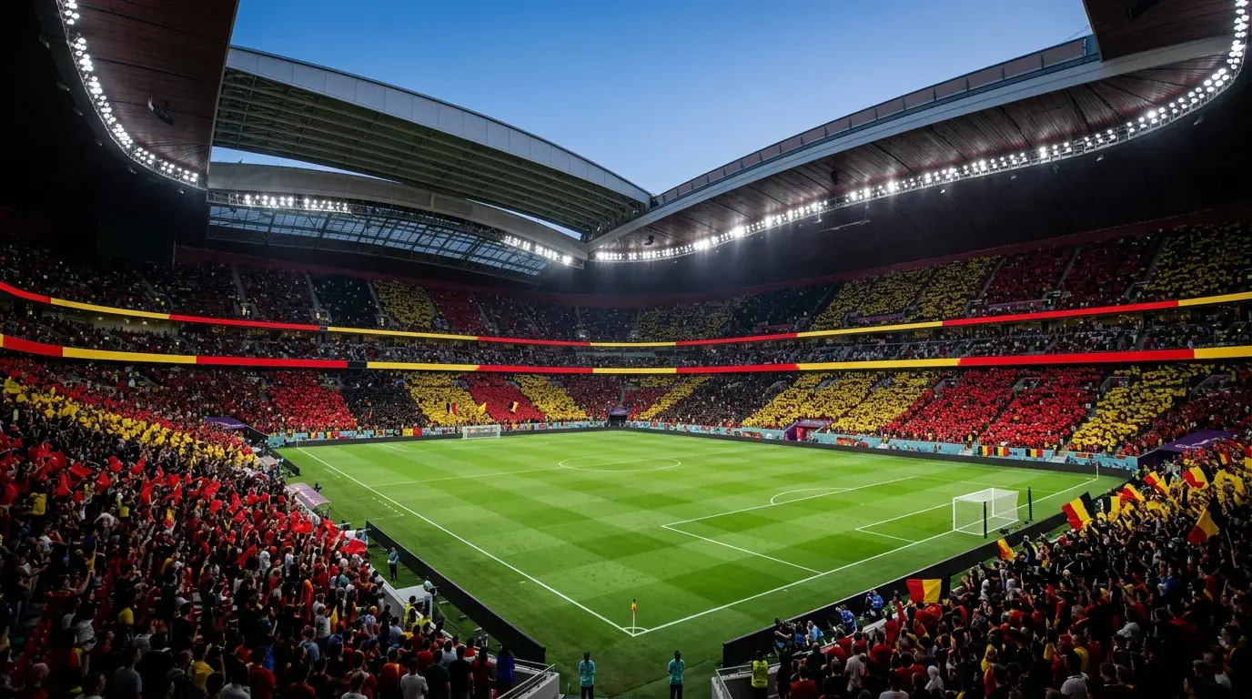World Cup 2026 Group G featuring Belgium national team colours on football stadium pitch