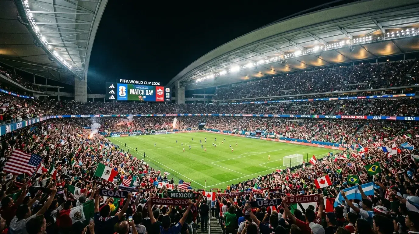 World Cup 2026 stadium with thousands of passionate supporters creating electric atmosphere under floodlights