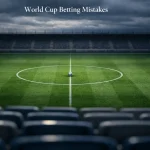 Frustrated punter reviewing lost World Cup betting slips with analytical charts in background