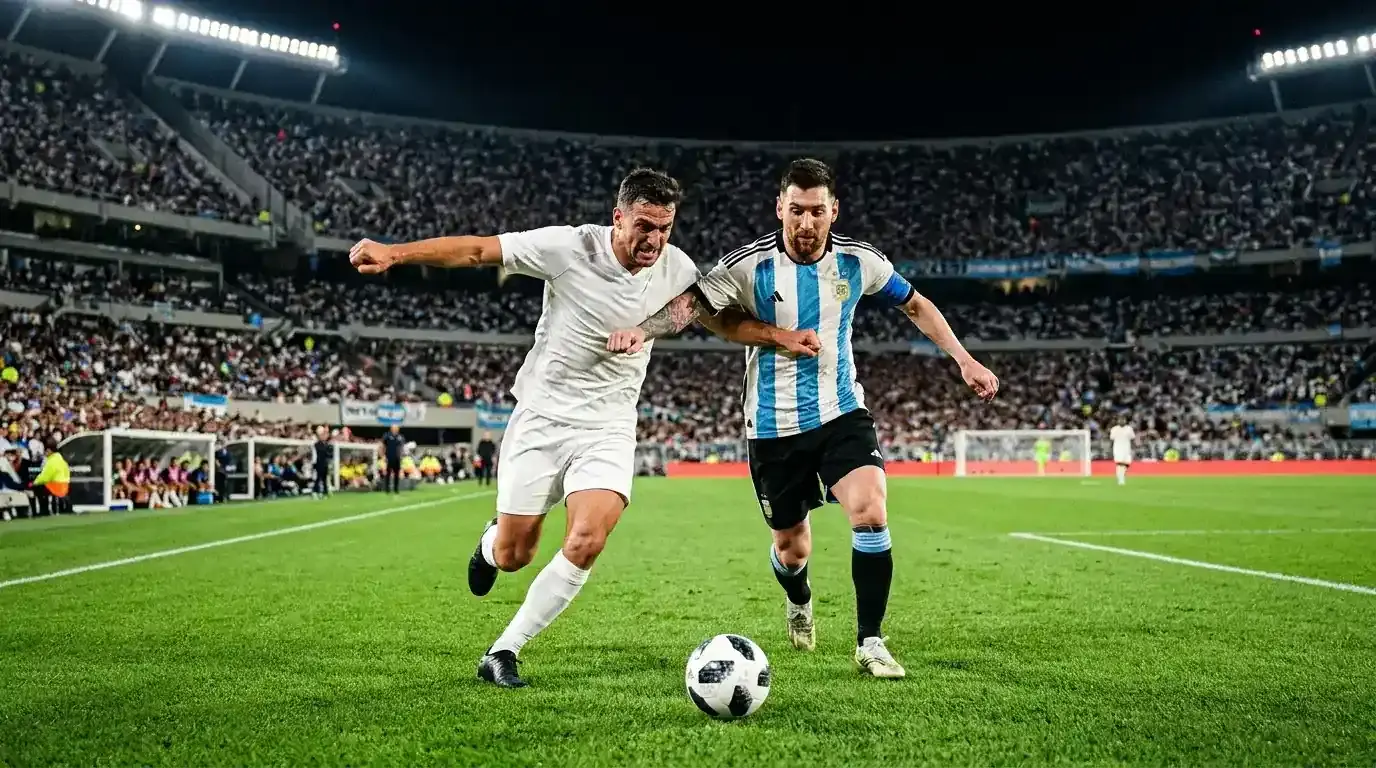 A floodlit football final under a night sky, two teams in white and sky-blue kits contesting the ball on a pristine green pitch, packed stadium stands blurred behind