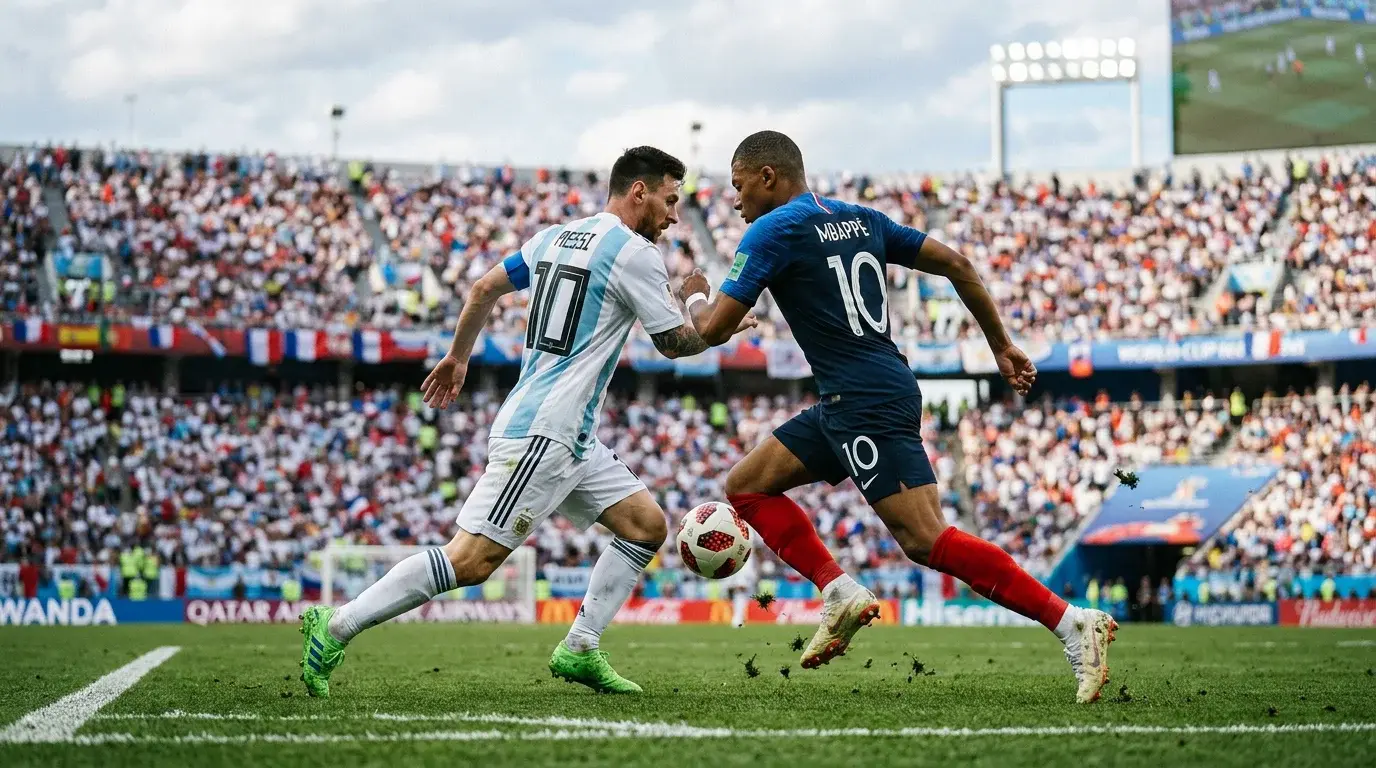 Intense World Cup match action as two players compete for the ball with packed stadium in background