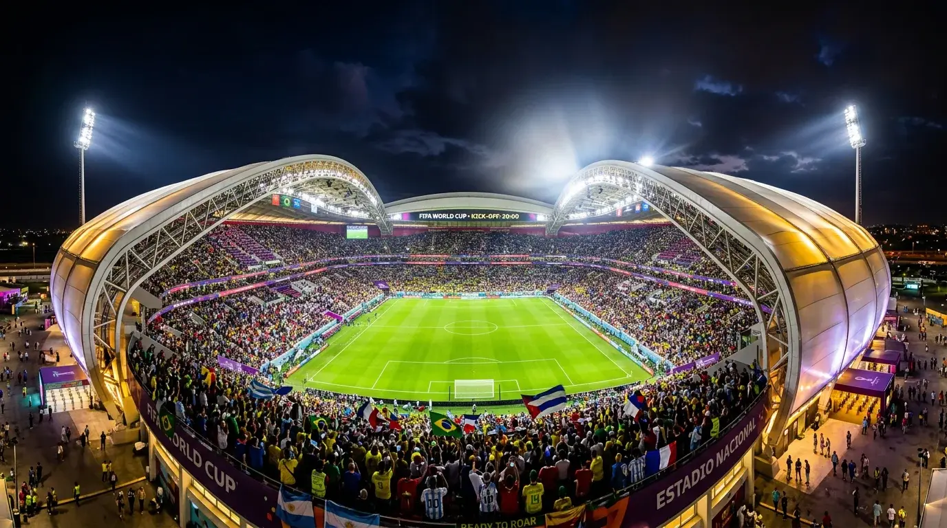 Dramatic night view of a packed World Cup venue with floodlights illuminating the pitch before kick-off
