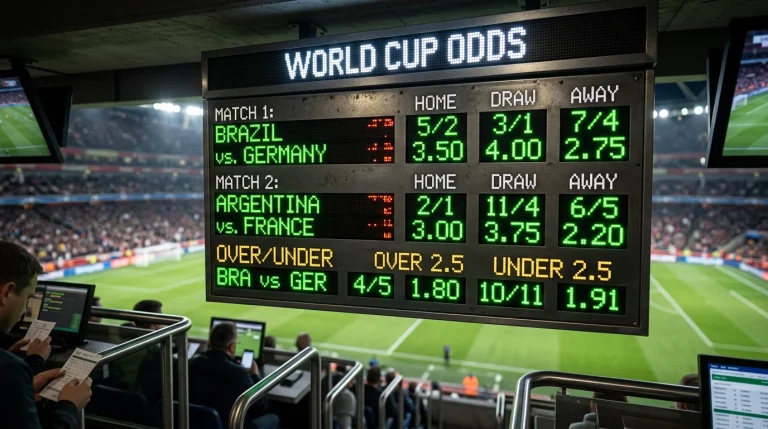 Football betting odds display showing fractional and decimal formats for World Cup 2026 matches