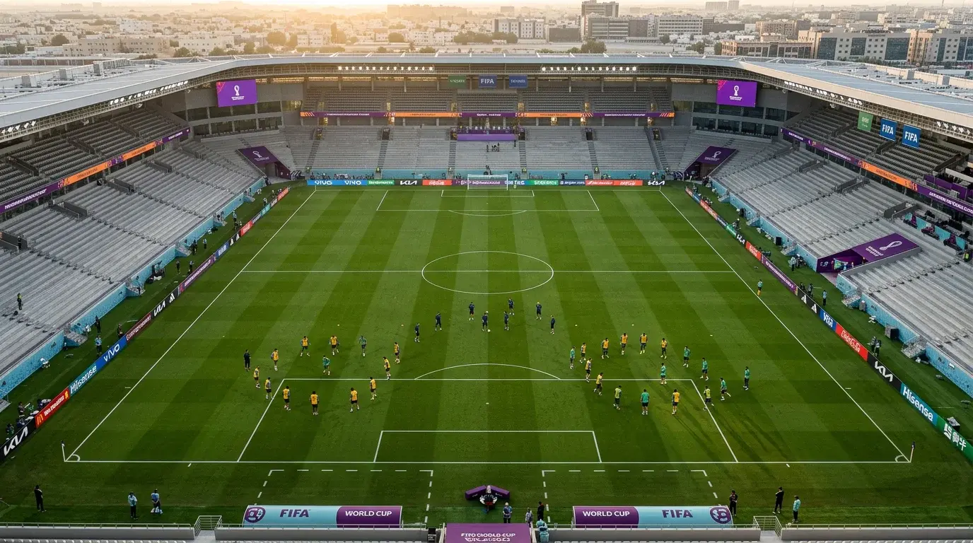 Aerial view of a pristine World Cup pitch with players warming up before a crucial group stage match