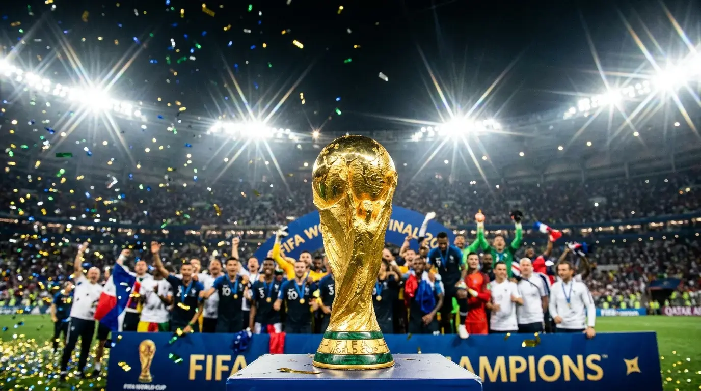 Football players celebrating as golden World Cup trophy gleams under stadium lights during victory ceremony